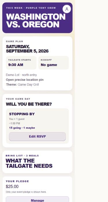 Guest view showing a tailgate time, location label, precise map pin, and RSVP.