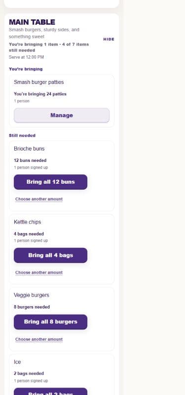 Guest bring list showing multiple meals and open food items for a tailgate.
