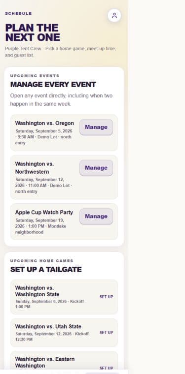 Husky Tailgate schedule showing three upcoming events for the Purple Tent Crew.